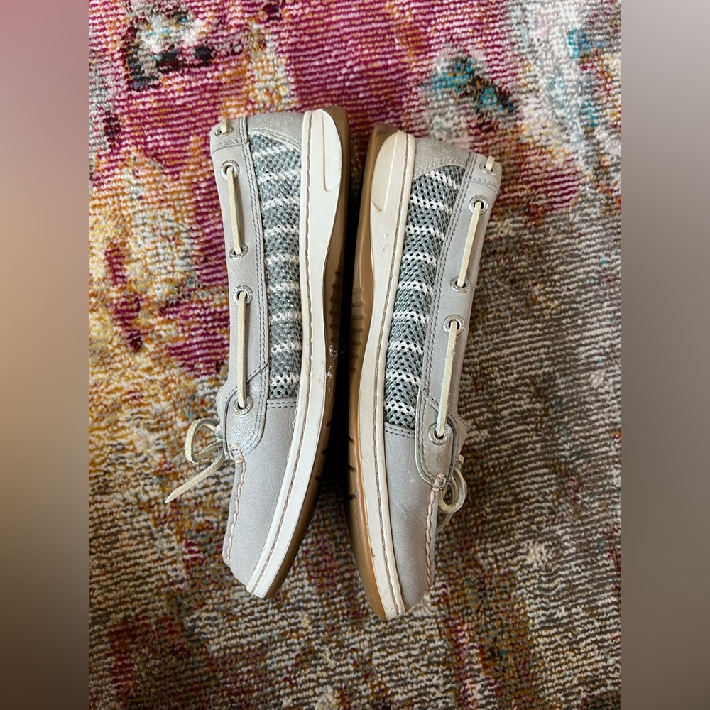 Sperry Women's 7.5 Angelfish Breton Stripe Mesh Slip-On Boat Shoe charcoal white - Picture 4 of 11